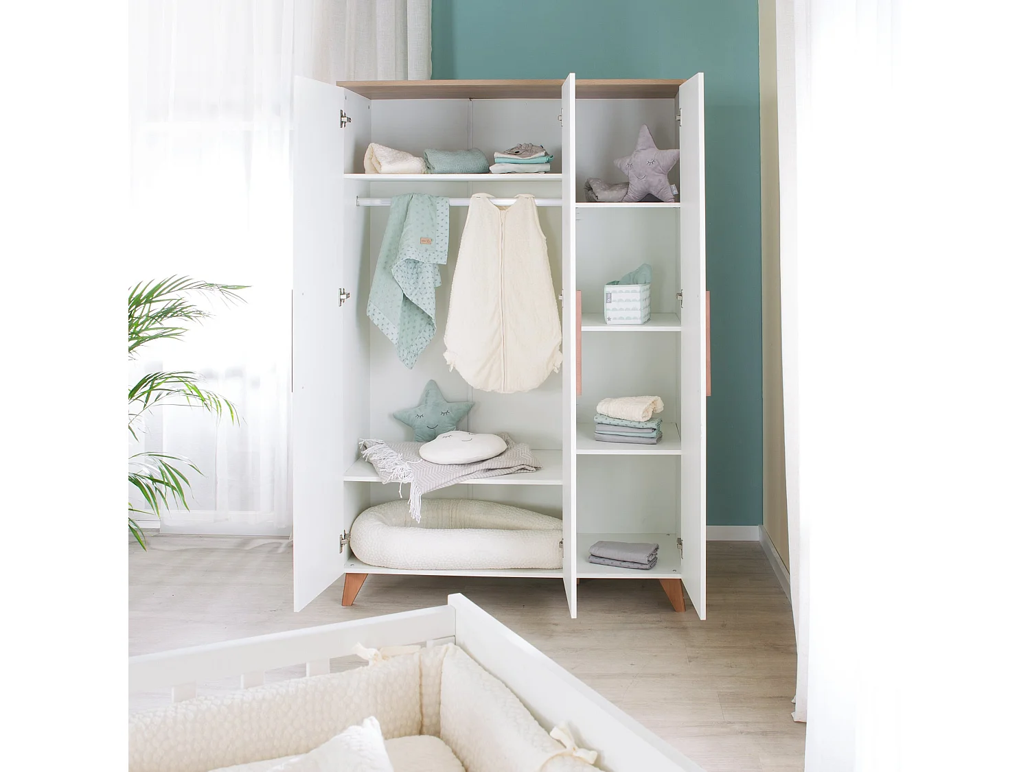 ROBA Chambre Bébé Ole – Lit Bébé/Enfant 70×140, Armoire & Commode À Langer – Blanc / Décor Chêne