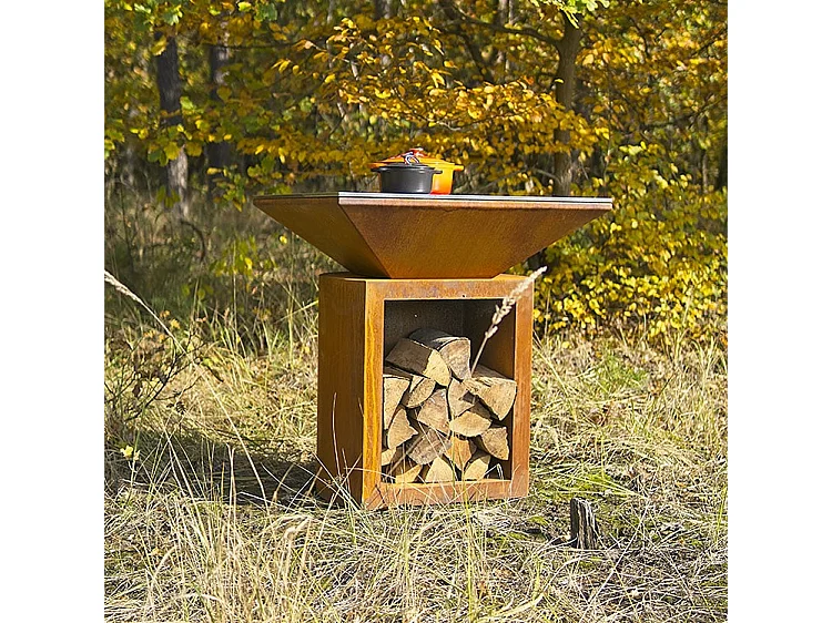 Foyer de jardin, barbecue avec trou pour wok et housse de protection - G2 Corten