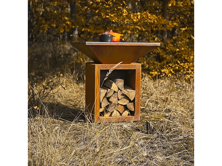 Foyer de jardin, barbecue avec trou pour wok et housse de protection - G2 Corten