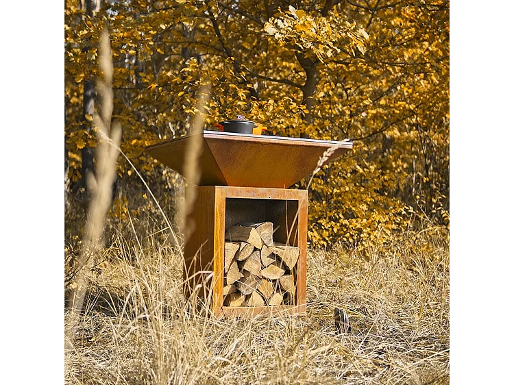 Foyer de jardin, barbecue avec trou pour wok et housse de protection - G2 Corten