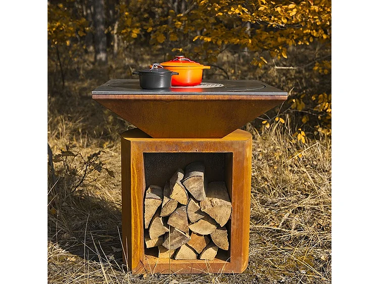 Foyer de jardin, barbecue avec trou pour wok et housse de protection - G2 Corten