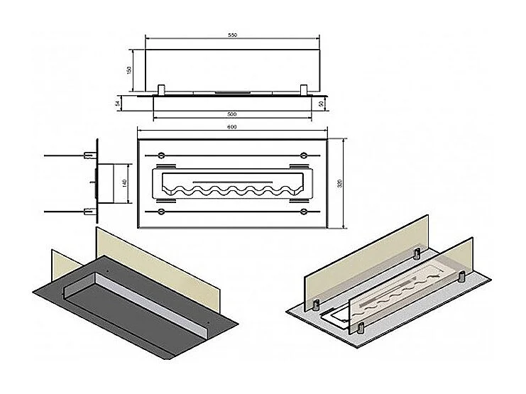 INSERT - Brûleur/insert bioéthanol encastrable avec 2 verres 60 cm - Brûleur Linéaire 45cm / Capacité 1L