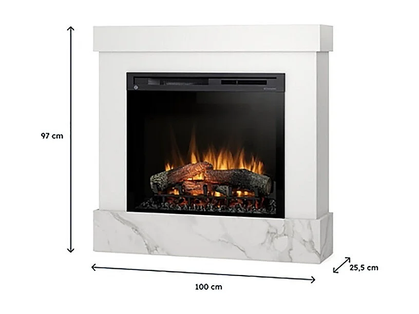 DIRO - Cheminée électrique LED autoportante - Marbre blanc / Cristal  28'