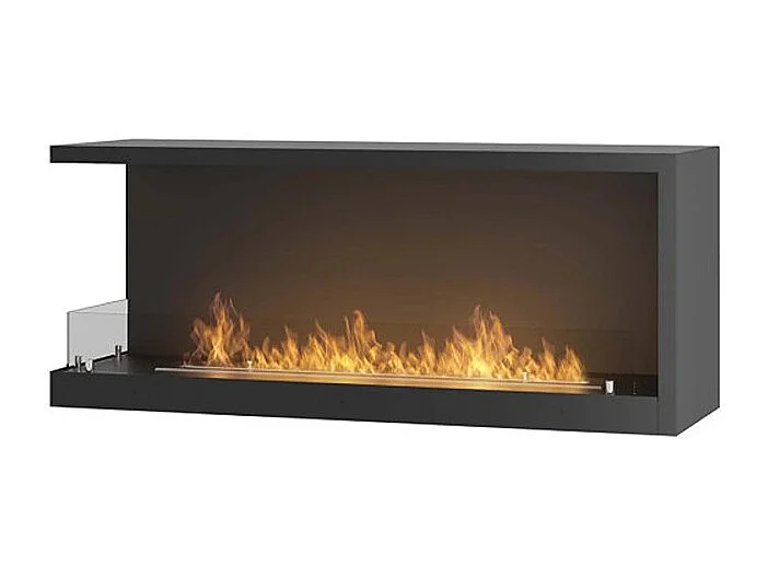 INSIDE 1100.2 - Cheminée bio d'angle encastrée avec vitre de protection, noir mat. Ouverture Gauche - Brûleur Linéaire 80cm / Capacité 2L