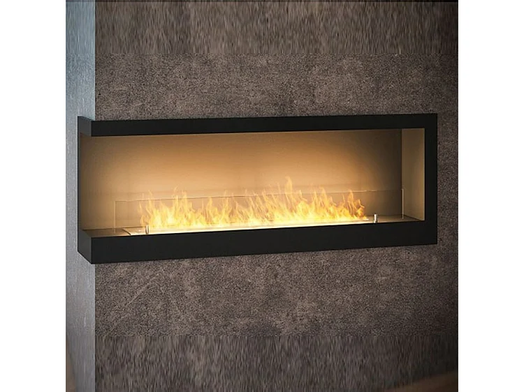 INSIDE 1100.2 - Cheminée bio d'angle encastrée avec vitre de protection, noir mat. Ouverture Gauche - Brûleur Linéaire 80cm / Capacité 2L