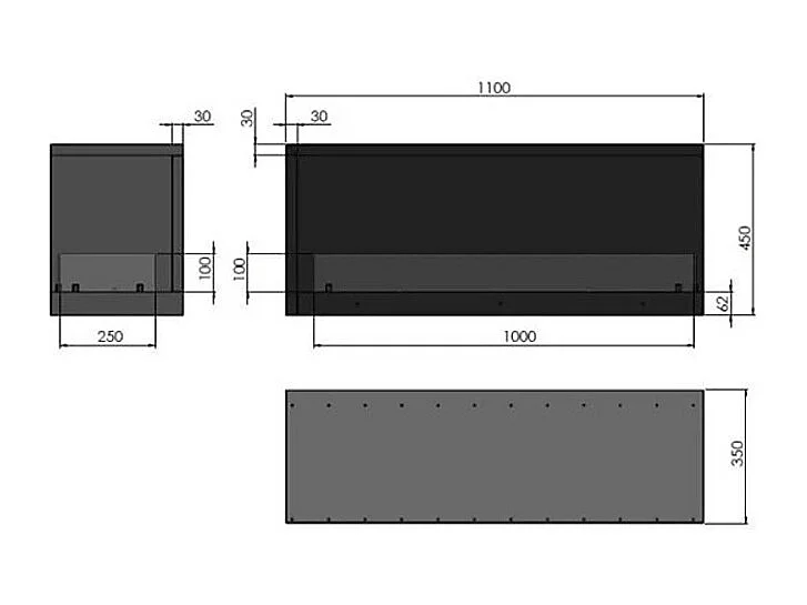 INSIDE 1100.2 - Cheminée bio d'angle encastrée avec vitre de protection, noir mat. Ouverture Gauche - Brûleur Linéaire 80cm / Capacité 2L