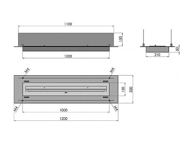 INSERT - Brûleur/insert bioéthanol encastrable avec 2 verres 120 cm - Brûleur linéaire 100cm / Capacité 3L - 22 kg