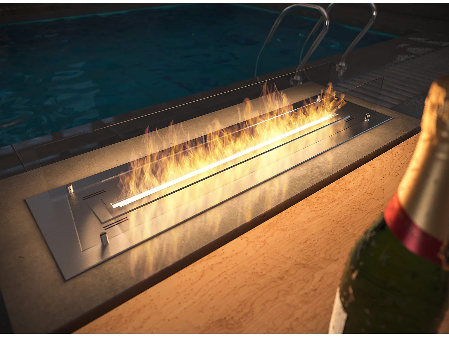 INSERT - Brûleur/insert bioéthanol encastrable avec 2 verres 120 cm - Brûleur linéaire 100cm / Capacité 3L - 22 kg