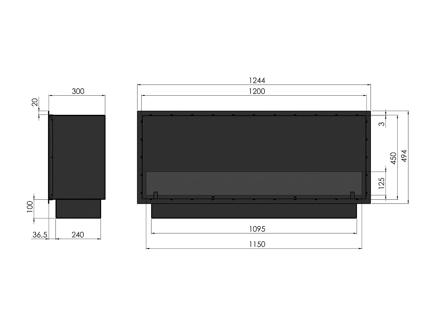 SLIM INSIDE BLACK - Cheminée encastrable au bioéthanol 120 cm