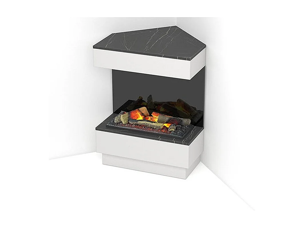 TARAVO - Cheminée électrique d'angle autoportante avec éclairage LED sans chauffage - Blanc mat / Marbre noir - 70 x 95 x 30/65 - 400 / 600