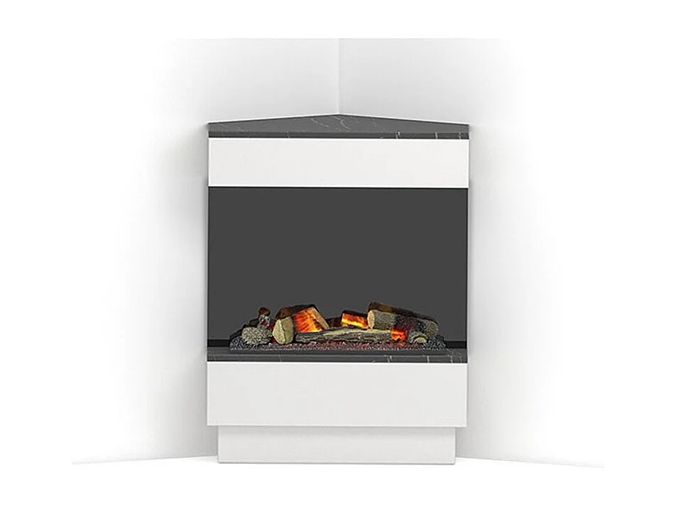 TARAVO - Cheminée électrique d'angle autoportante avec éclairage LED sans chauffage - Blanc mat / Marbre noir - 70 x 95 x 30/65 - 400 / 600