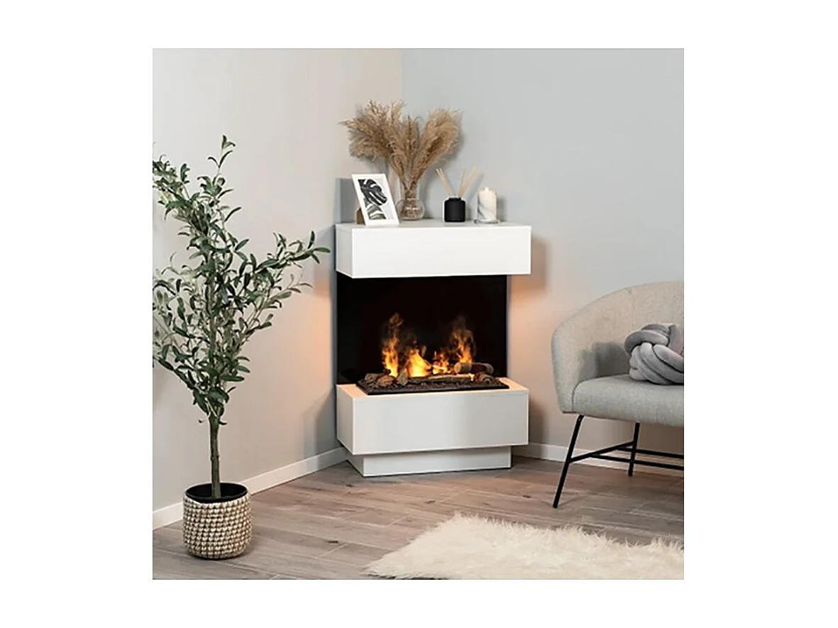 TARAVO - Cheminée électrique d'angle autoportante avec éclairage LED sans chauffage - Blanc mat / Marbre noir - 70 x 95 x 30/65 - 400 / 600