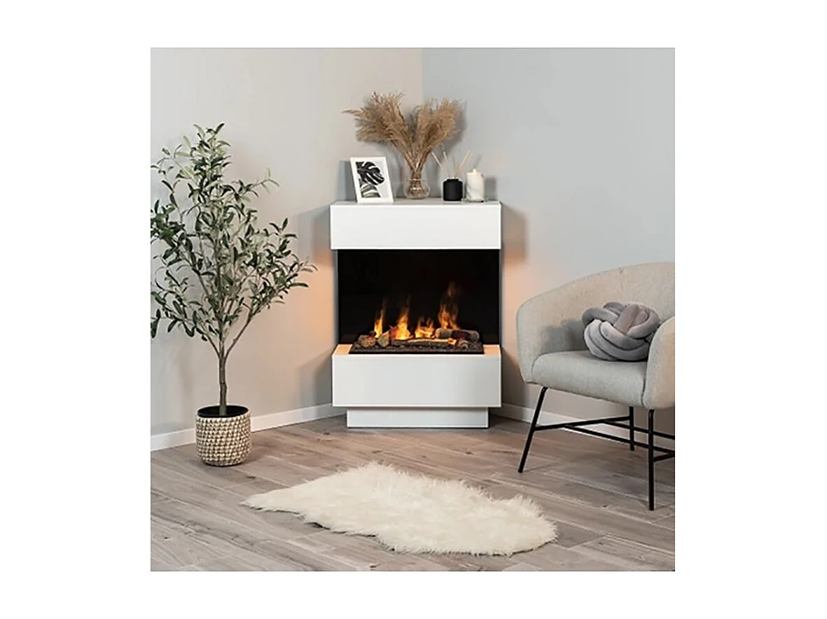 TARAVO - Cheminée électrique d'angle autoportante avec éclairage LED sans chauffage - Blanc mat / Marbre noir - 70 x 95 x 30/65 - 400 / 600