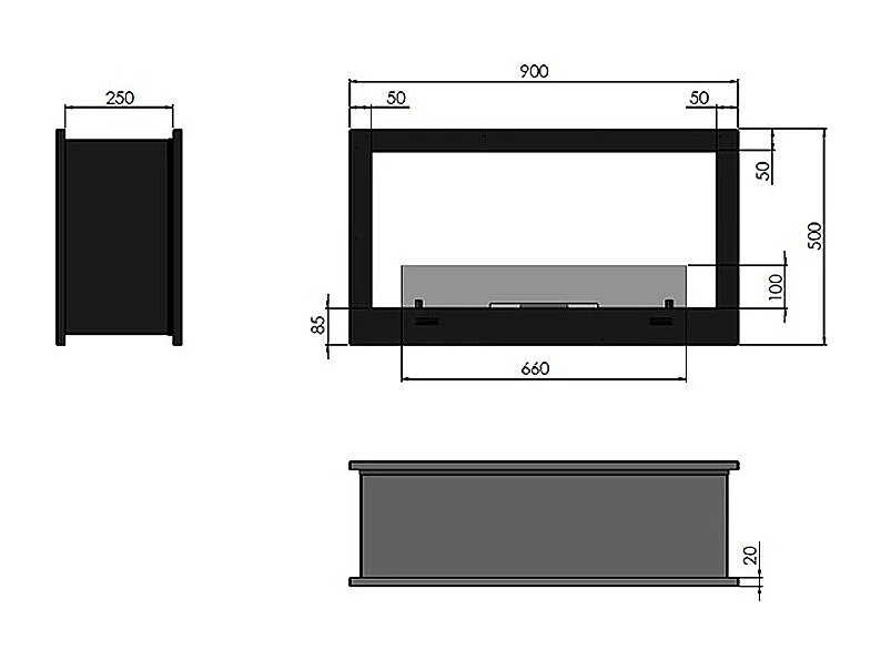 2SIDE - Biocheminée double face Cheminée bioéthanol encastrable 90 cm - Brûleur linéaire 50 cm / Capacité 1 L - 20 kg