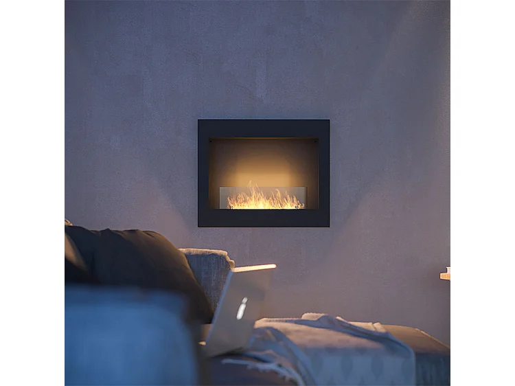 FRAME 600 - Cheminée bio encastrable noire avec vitre de protection Cheminée bioéthanol murale