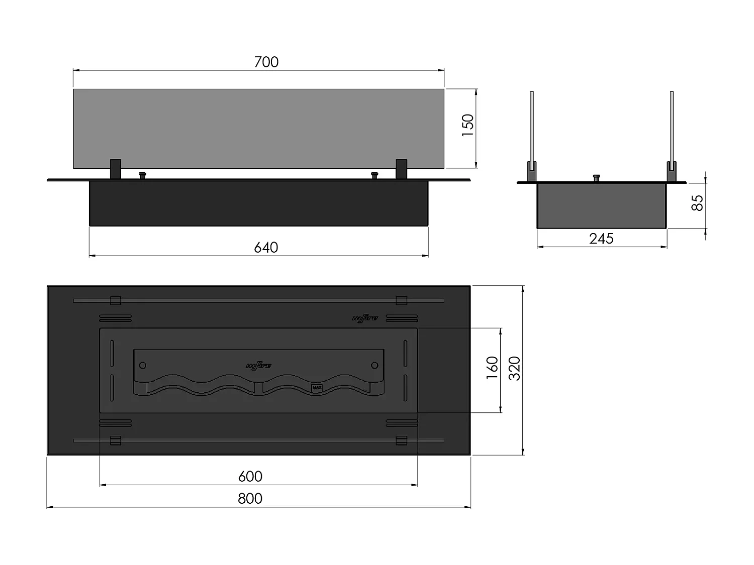 INSERT SLIM - Biocheminée au bioéthanol encastrable noire avec verre - 800