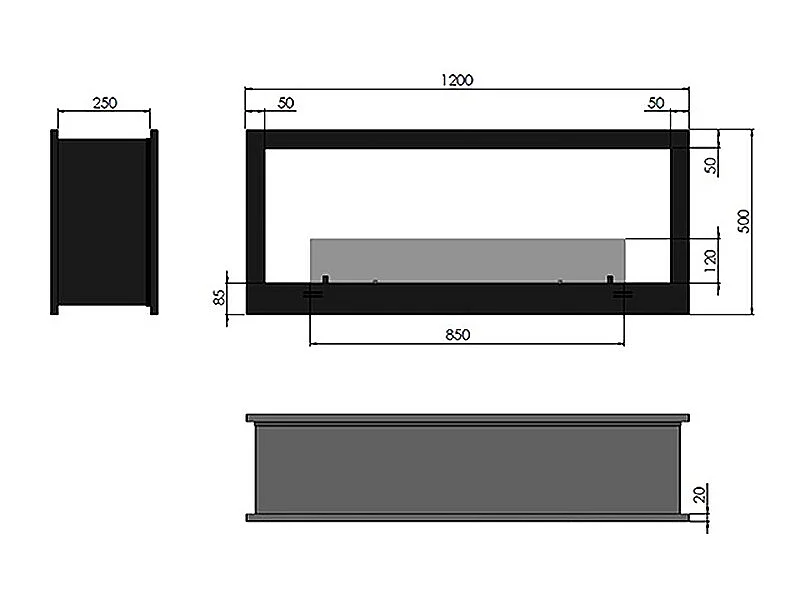 2SIDE - Cheminée au bioéthanol double face Encastrée cm 120 - Brûleur Linéaire 80cm / Capacité 2L