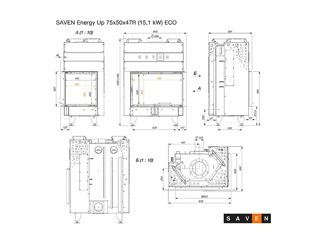 Cheminée d'angle Noir Insert Ouverture à droite Energy Up 75х50х47 (15,1 kW) ECO