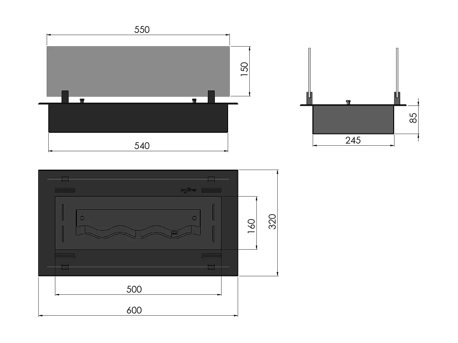 INSERT SLIM - Biocheminée au bioéthanol encastrable noire avec verre - 600
