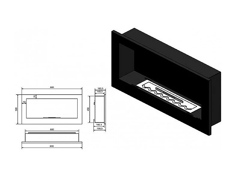 INSIDE 900 - Biocheminée Murale/Encastrée au Bioéthanol - Noir - 90 cm - Brûleur linéaire 50 cm / Capacité 1 L - 20 kg