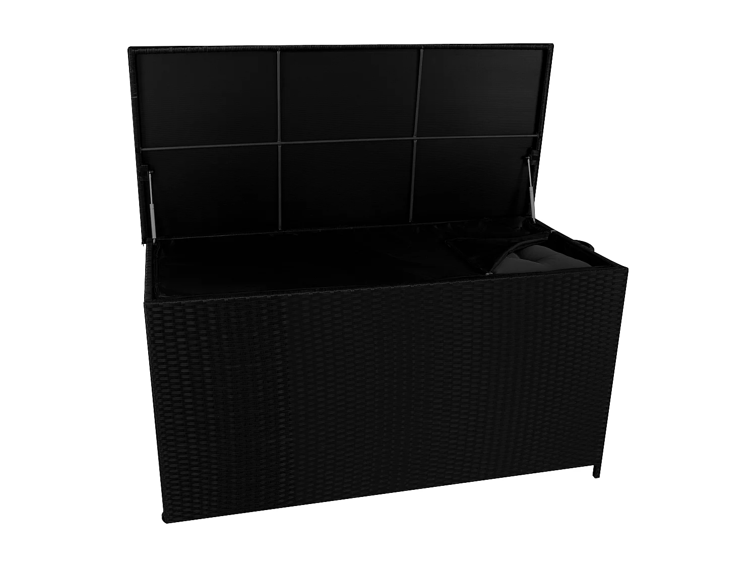 Baú de arrumação em Rattan 700L Preto, Baú grande para almofadas de jardim, impermeável com forro interior, tampa com pistões, resistente aos raios UV
