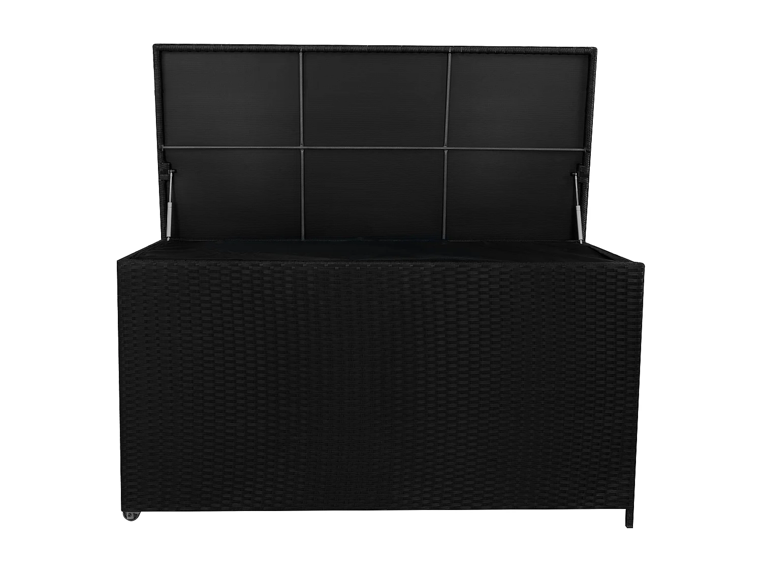 Baú de arrumação em Rattan 700L Preto, Baú grande para almofadas de jardim, impermeável com forro interior, tampa com pistões, resistente aos raios UV
