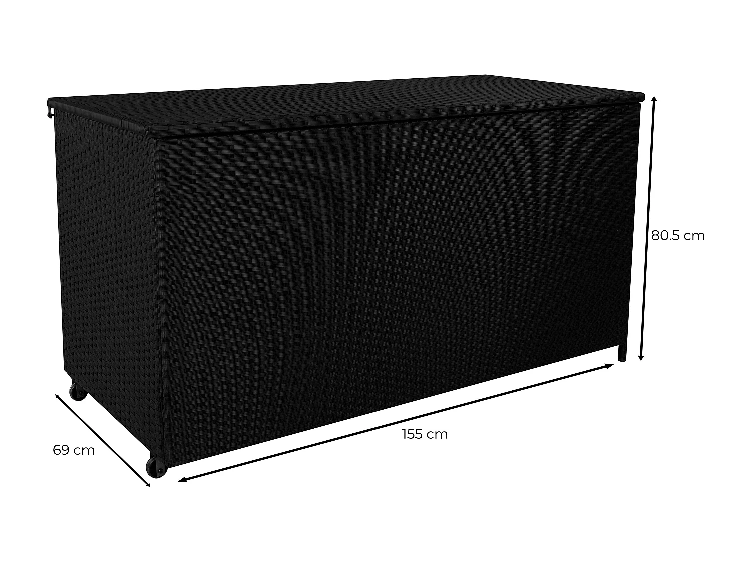 Baú de arrumação em Rattan 700L Preto, Baú grande para almofadas de jardim, impermeável com forro interior, tampa com pistões, resistente aos raios UV