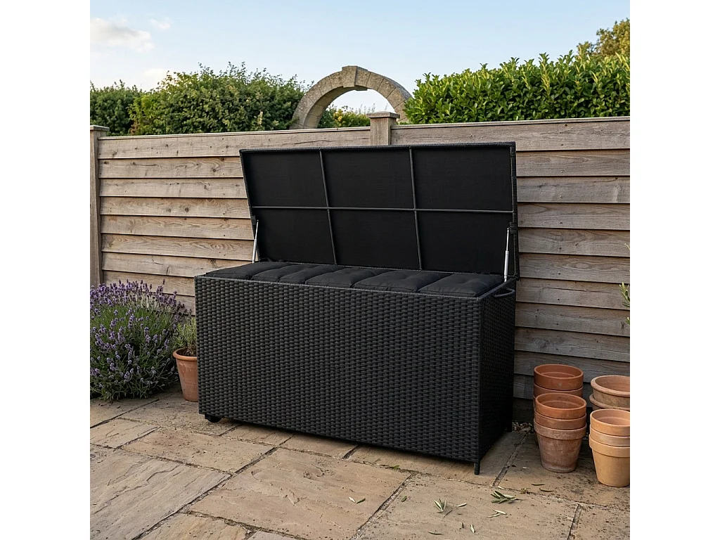 Baú de arrumação em Rattan 700L Preto, Baú grande para almofadas de jardim, impermeável com forro interior, tampa com pistões, resistente aos raios UV