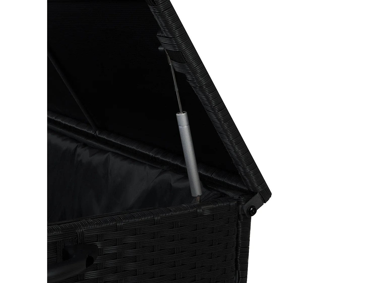 Baú de arrumação em Rattan 700L Preto, Baú grande para almofadas de jardim, impermeável com forro interior, tampa com pistões, resistente aos raios UV