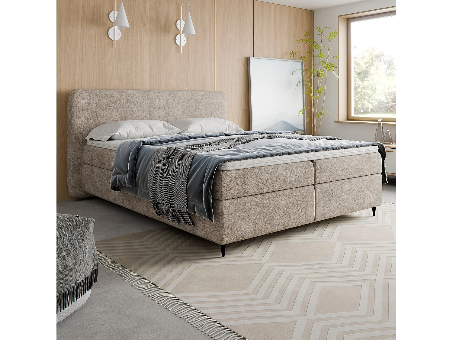 Lit continental Boho II avec coffre, beige, 160x200 cm