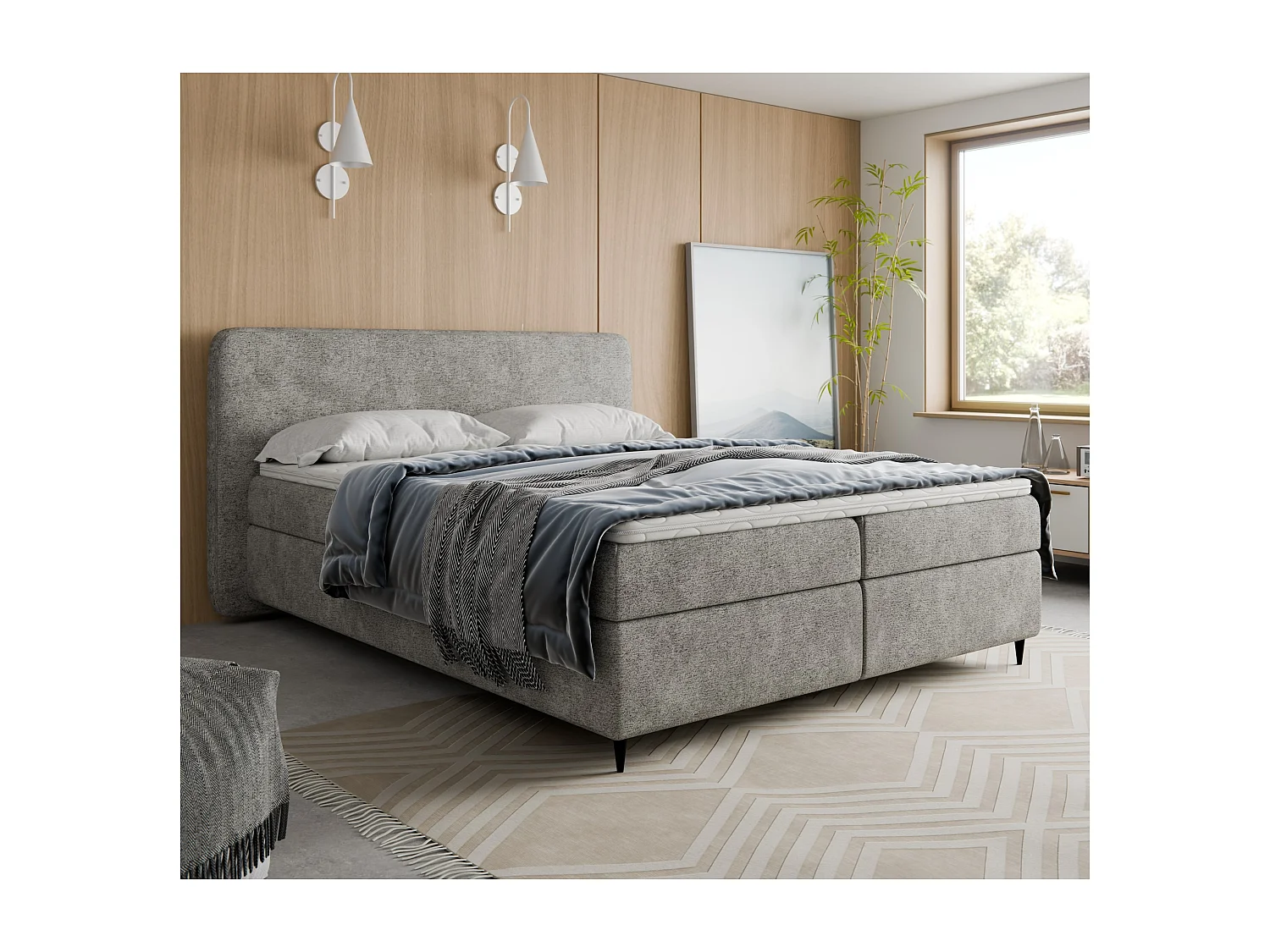 Boxspringbett BOHO II  180x200 Bouclé Hellgrau inkl. Topper, 2 Matratzen & 2 Bettkästen