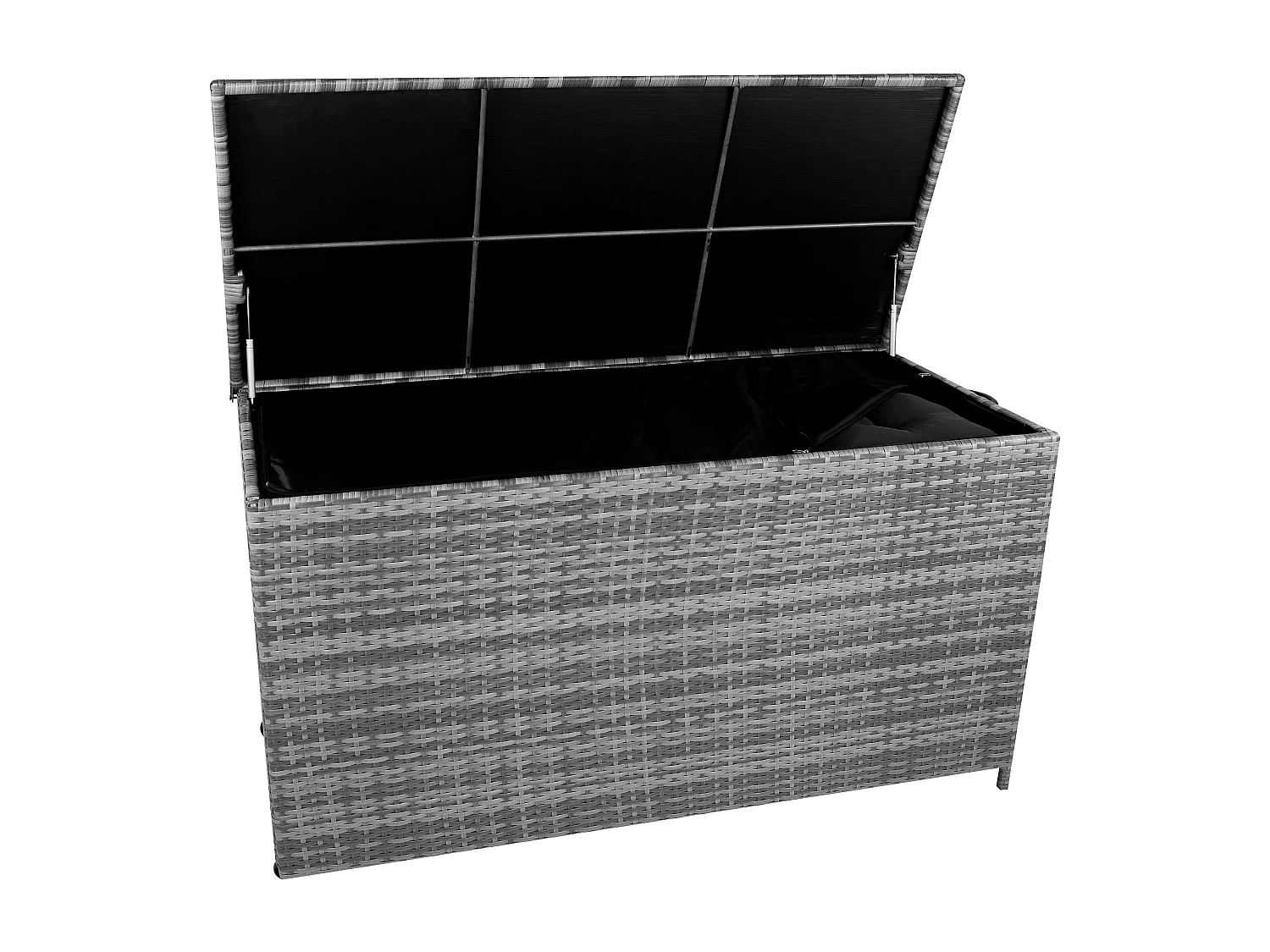 Baú de arrumação em Rattan 700L Cinzento, Baú grande para almofadas de jardim, impermeável com forro interior, tampa com pistões, resistente aos raios UV