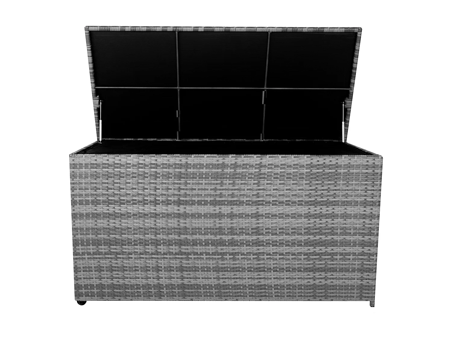 Baú de arrumação em Rattan 700L Cinzento, Baú grande para almofadas de jardim, impermeável com forro interior, tampa com pistões, resistente aos raios UV