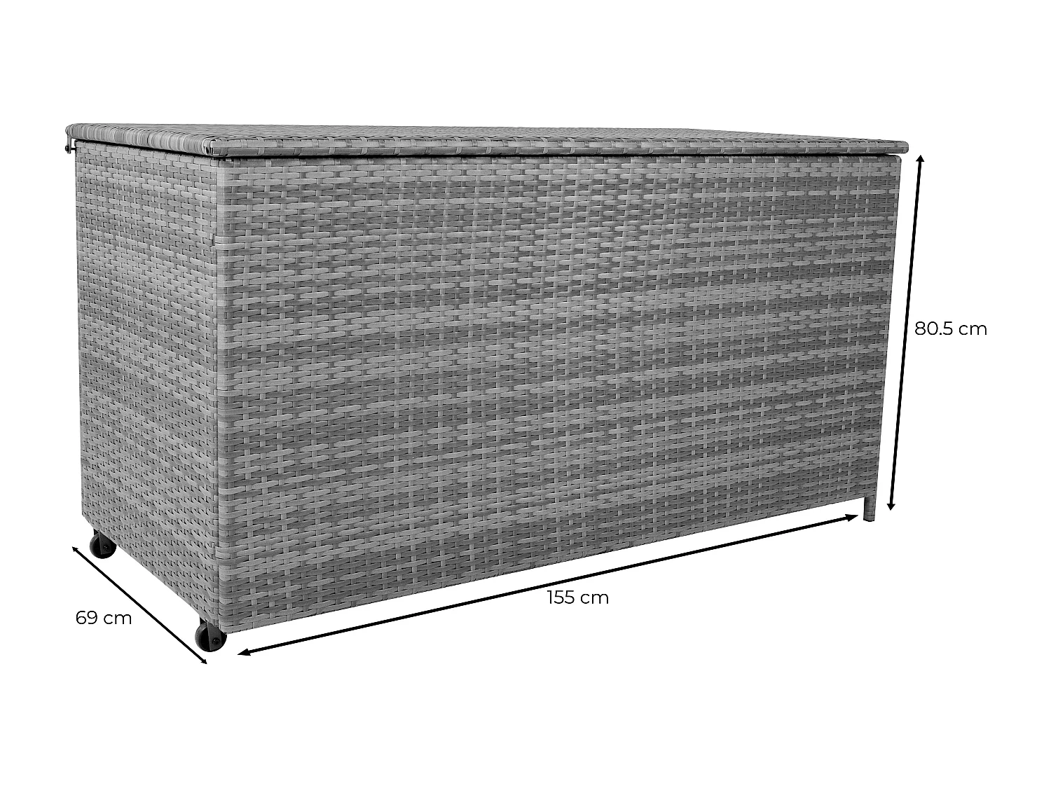 Baú de arrumação em Rattan 700L Cinzento, Baú grande para almofadas de jardim, impermeável com forro interior, tampa com pistões, resistente aos raios UV