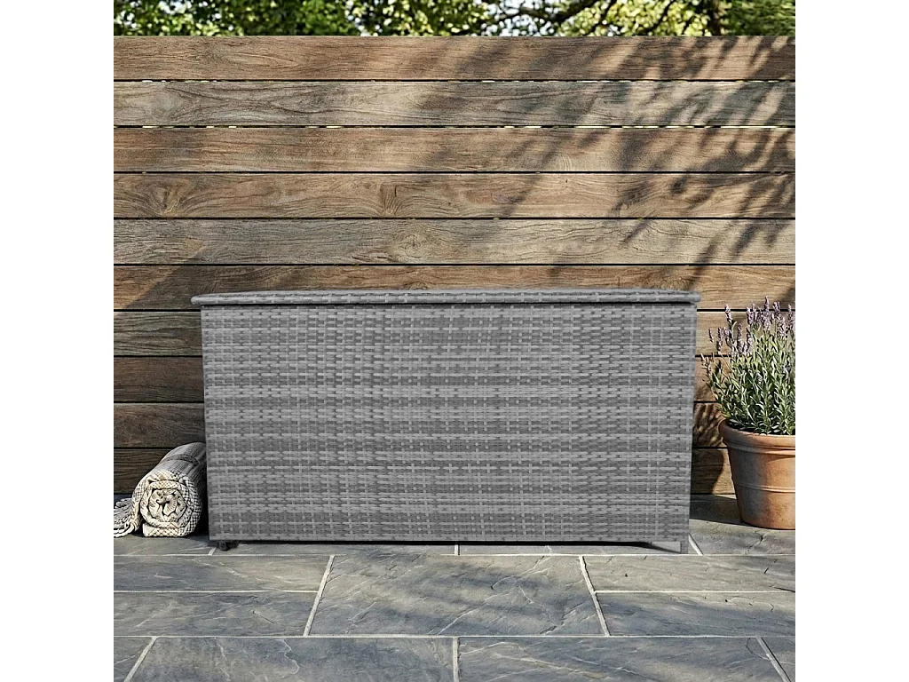 Baú de arrumação em Rattan 700L Cinzento, Baú grande para almofadas de jardim, impermeável com forro interior, tampa com pistões, resistente aos raios UV