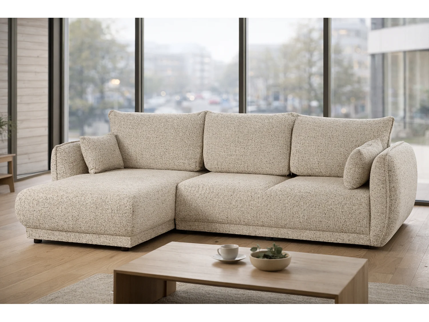 Canapé d’angle Mossa gauche convertible avec coffre – canapé moderne pour salon 2 en 1