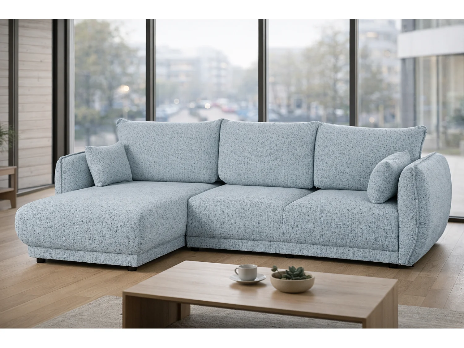 Canapé d’angle Mossa gauche convertible avec coffre – canapé moderne pour salon 2 en 1