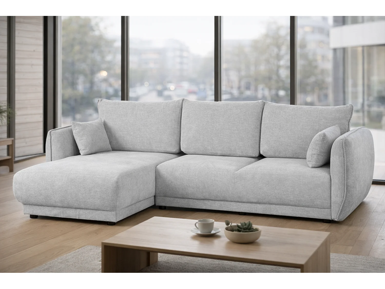 Canapé d’angle Mossa gauche convertible avec coffre – canapé moderne pour salon 2 en 1