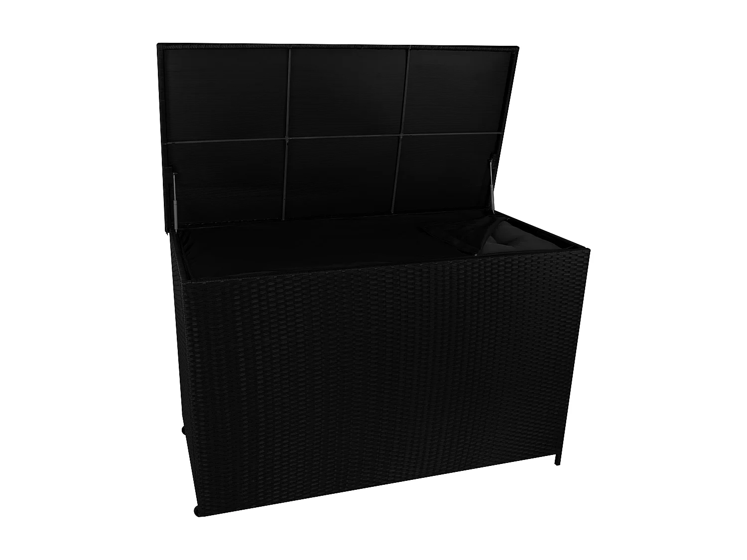 Baú de arrumação em Rattan 996L Preto, Baú grande para almofadas de jardim, impermeável com forro interior, tampa com pistões, resistente aos raios UV