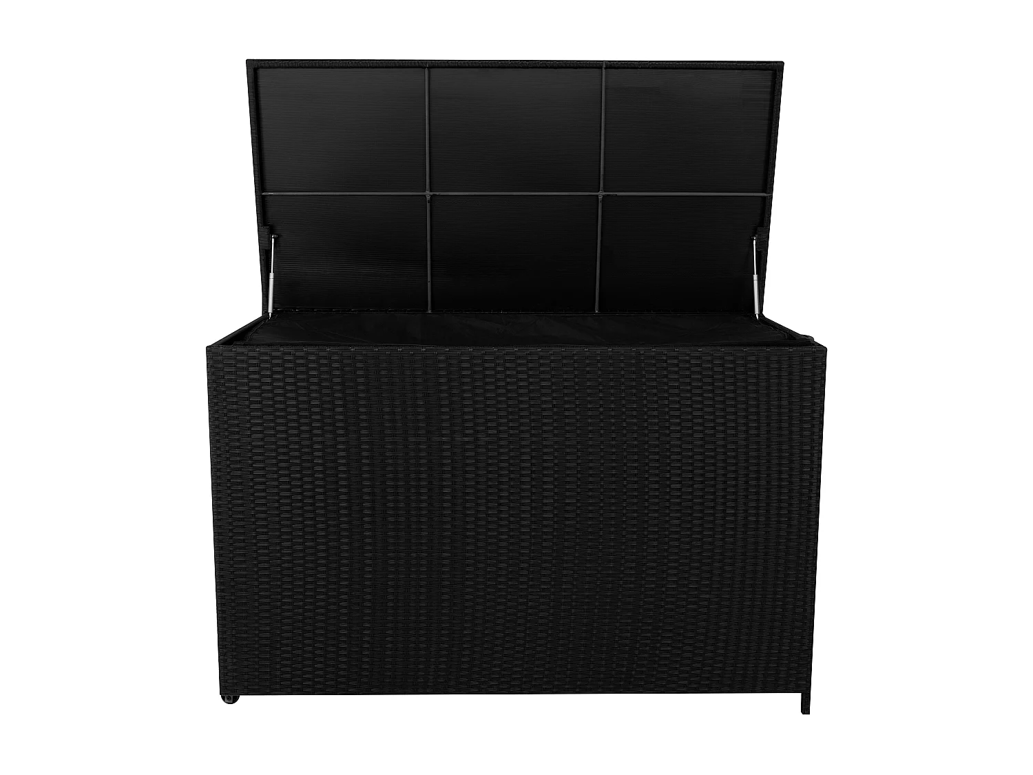 Baú de arrumação em Rattan 996L Preto, Baú grande para almofadas de jardim, impermeável com forro interior, tampa com pistões, resistente aos raios UV