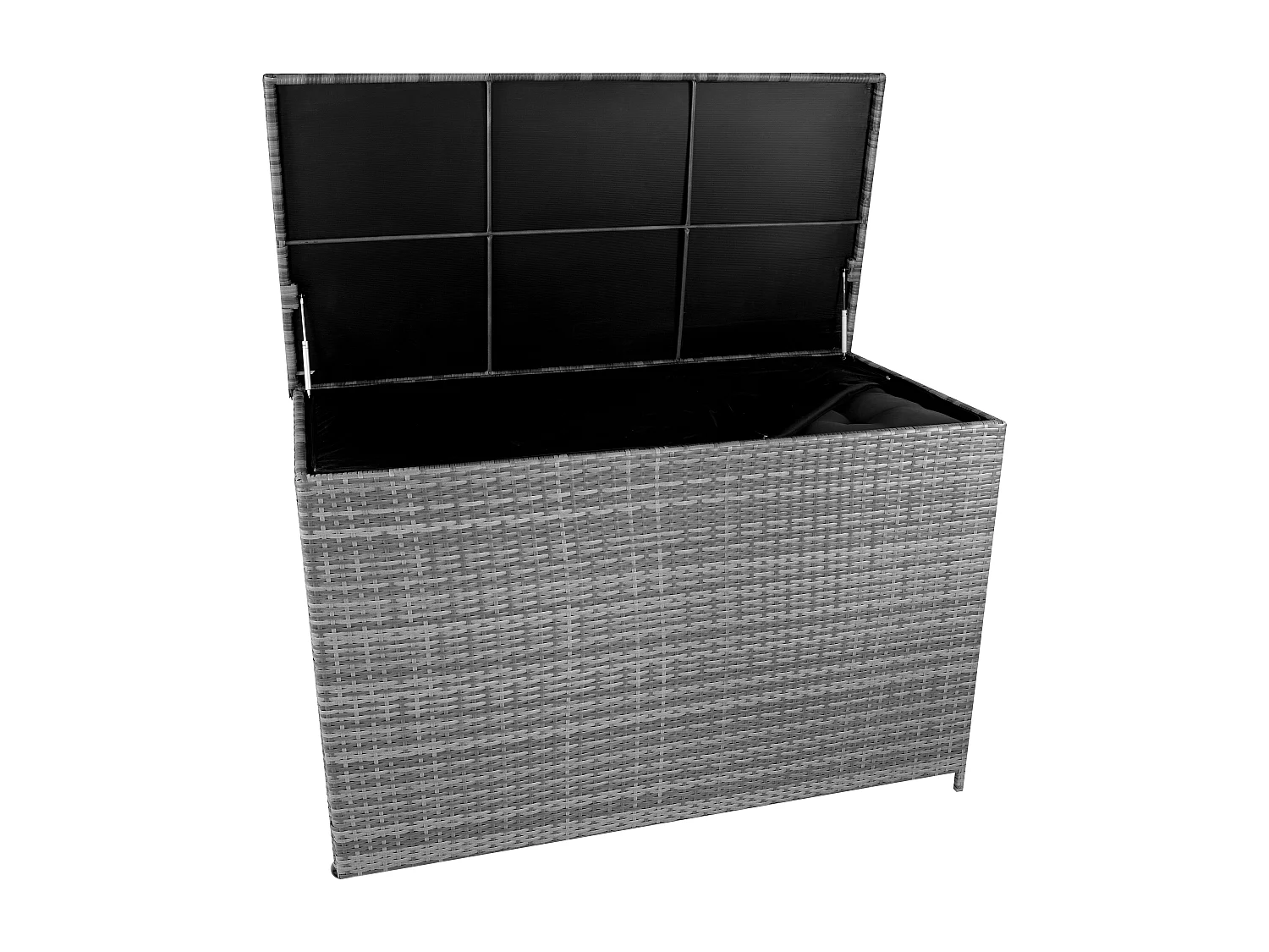 Baú de arrumação em Rattan 996L Cinzento, Baú grande para almofadas de jardim, impermeável com forro interior, tampa com pistões, resistente aos raios UV