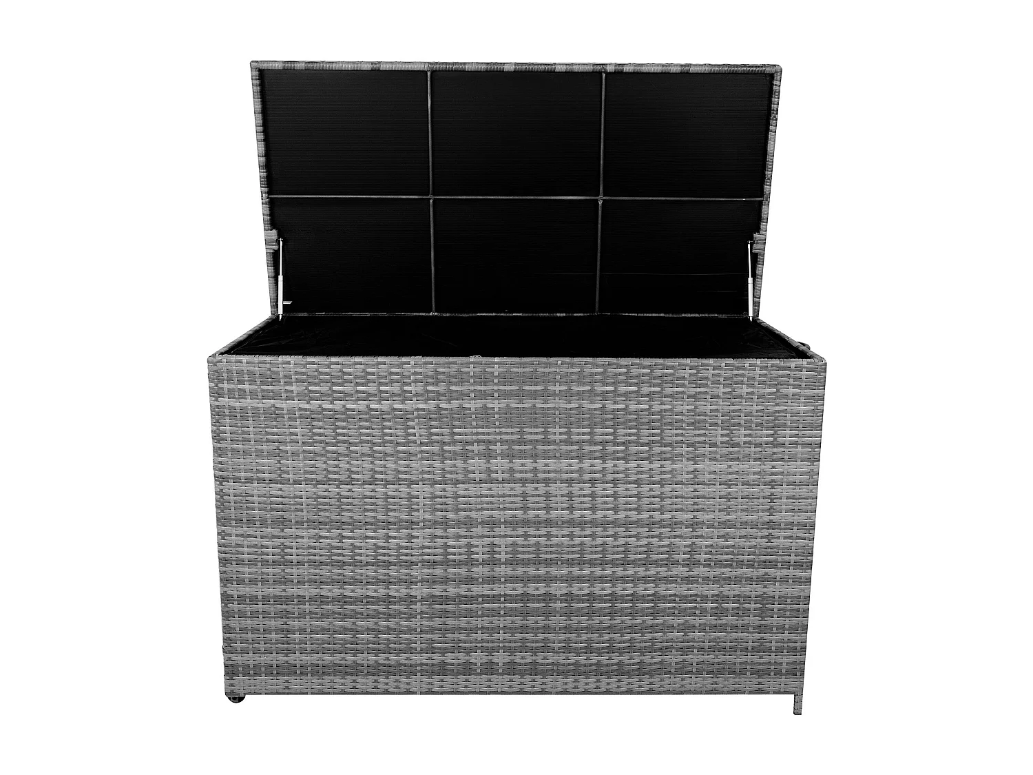 Baú de arrumação em Rattan 996L Cinzento, Baú grande para almofadas de jardim, impermeável com forro interior, tampa com pistões, resistente aos raios UV