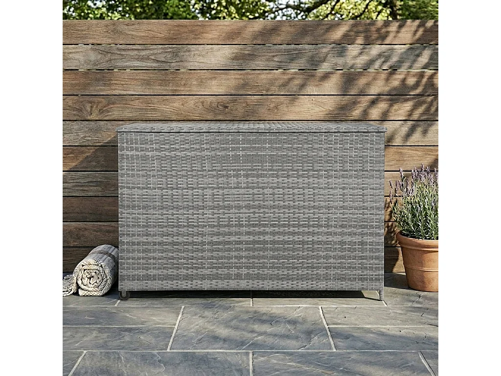Baú de arrumação em Rattan 996L Cinzento, Baú grande para almofadas de jardim, impermeável com forro interior, tampa com pistões, resistente aos raios UV