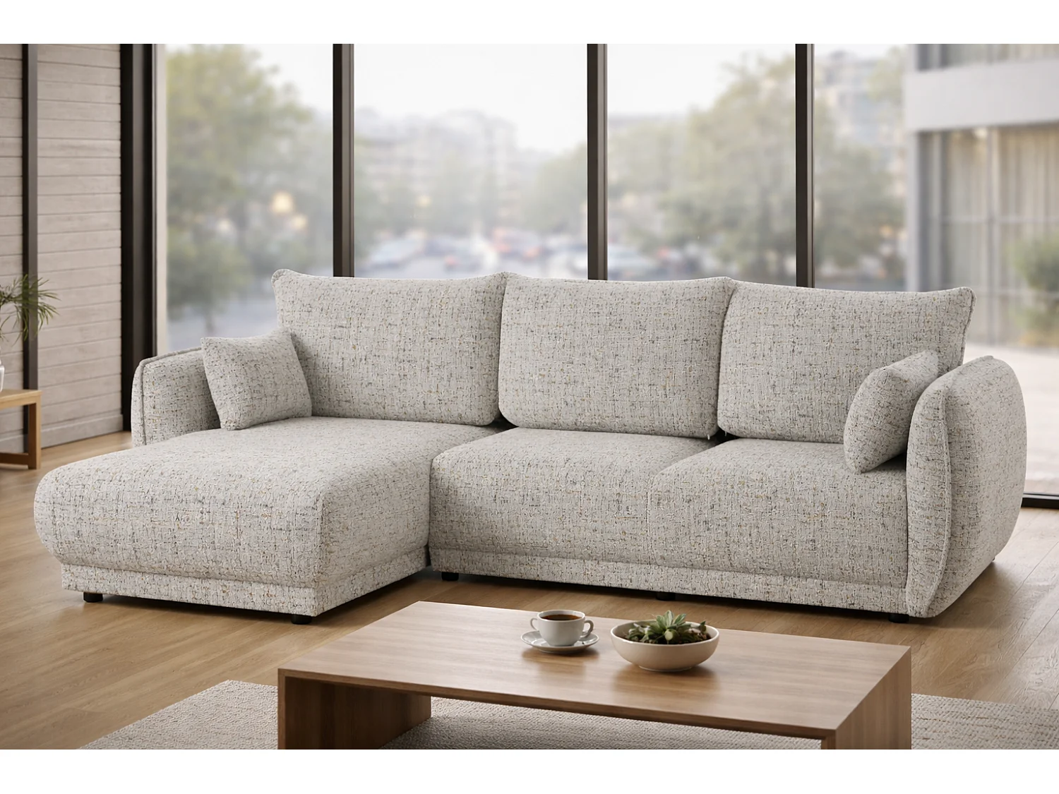 Canapé d’angle Mossa gauche convertible avec coffre – canapé moderne pour salon 2 en 1
