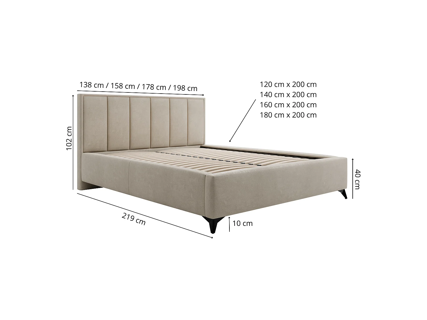 Gestoffeerd bed Lara met opbergruimte, beige, 180x200 cm