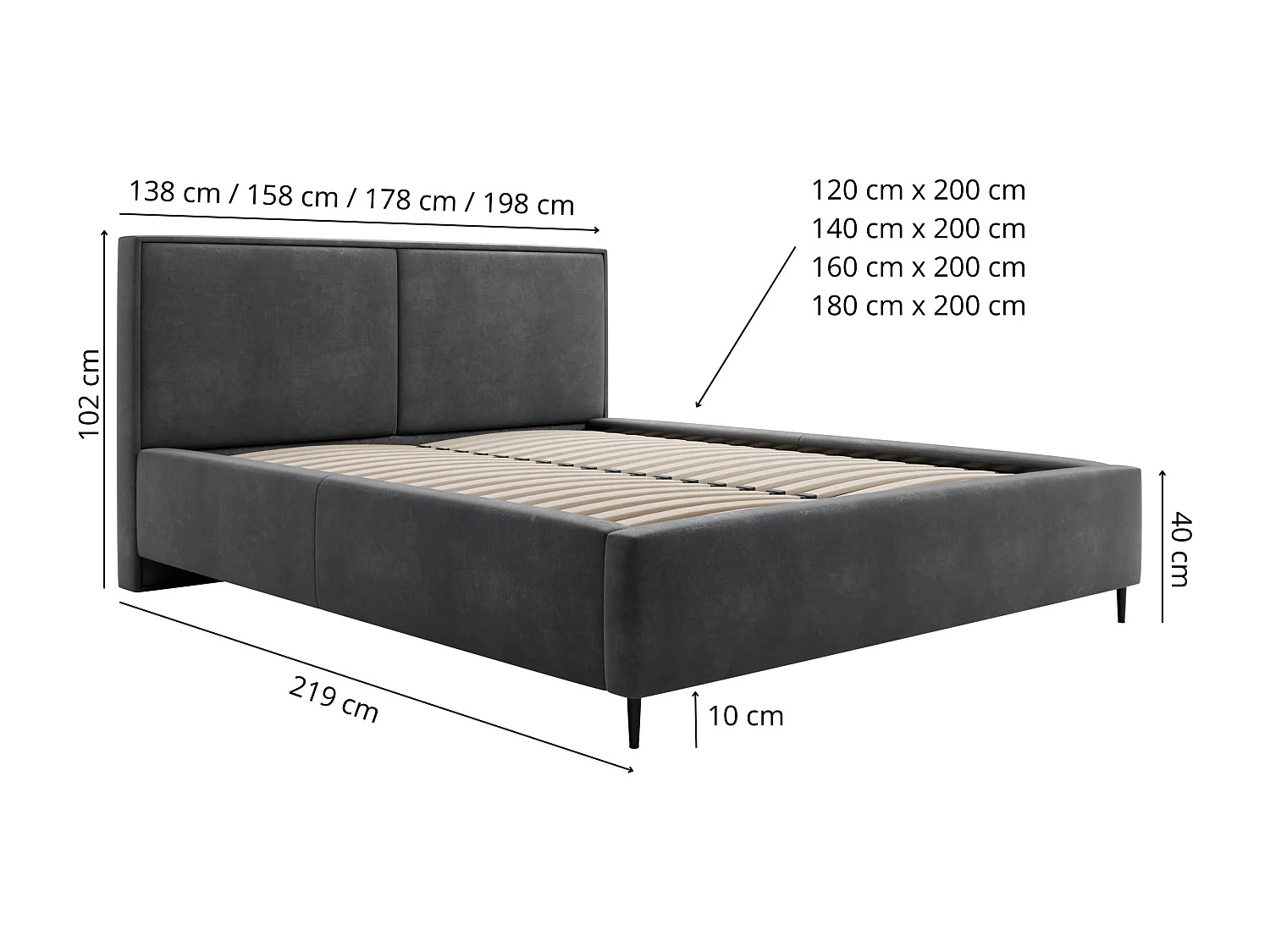 Polsterbett ZEN 180x200 Dunkelgrau Samt mit Bettkasten und Metallrahmen Ohne Matratze