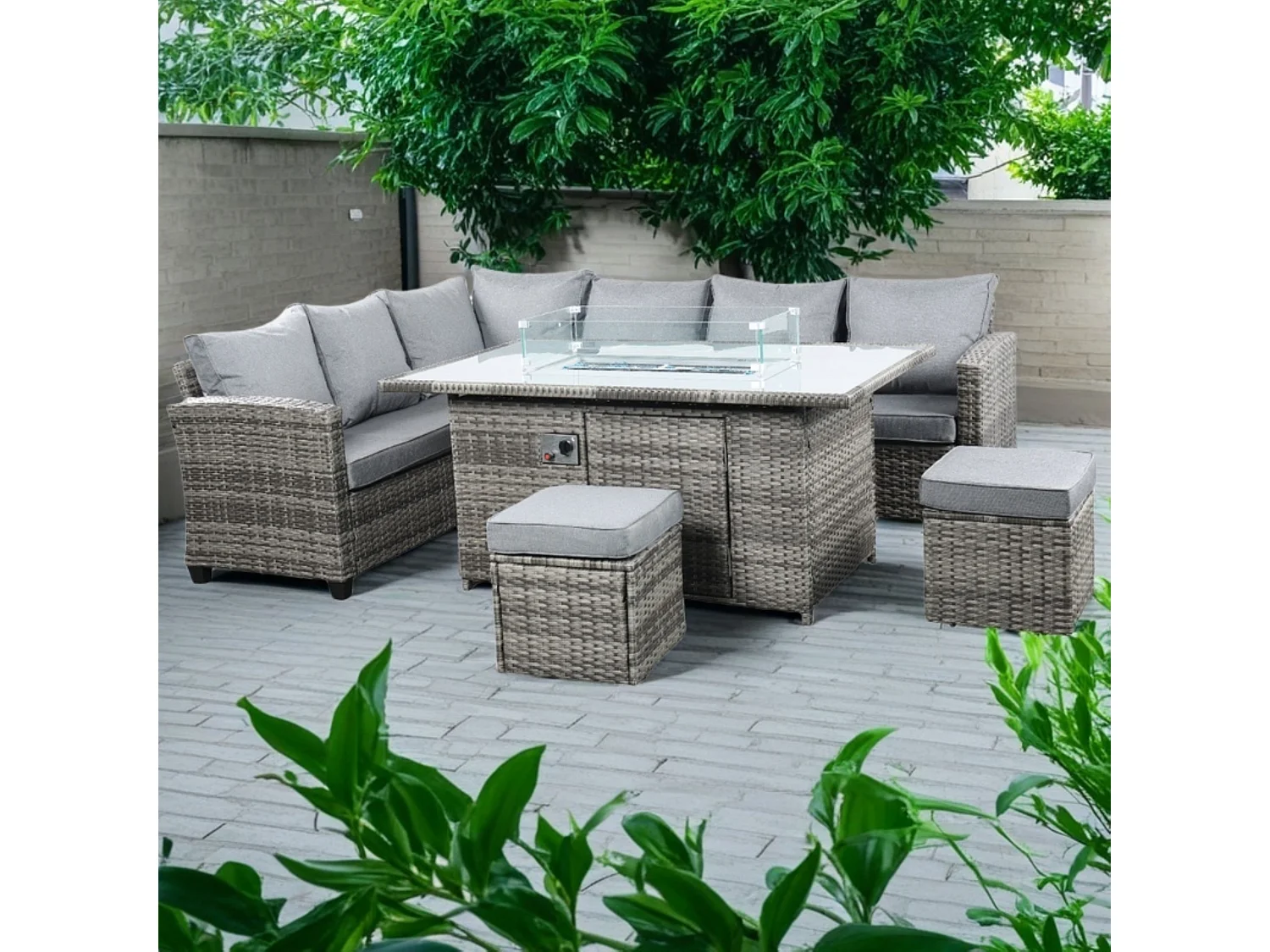 The Conwy 8 Seat Corner Gas Firepit Rattan Dining Set Dark Grey