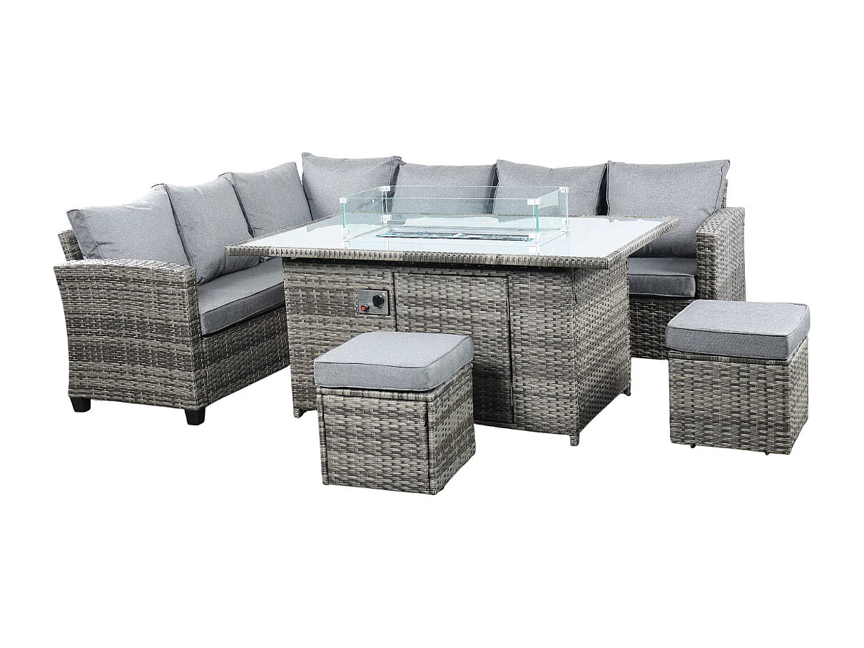 The Conwy 8 Seat Corner Gas Firepit Rattan Dining Set Dark Grey