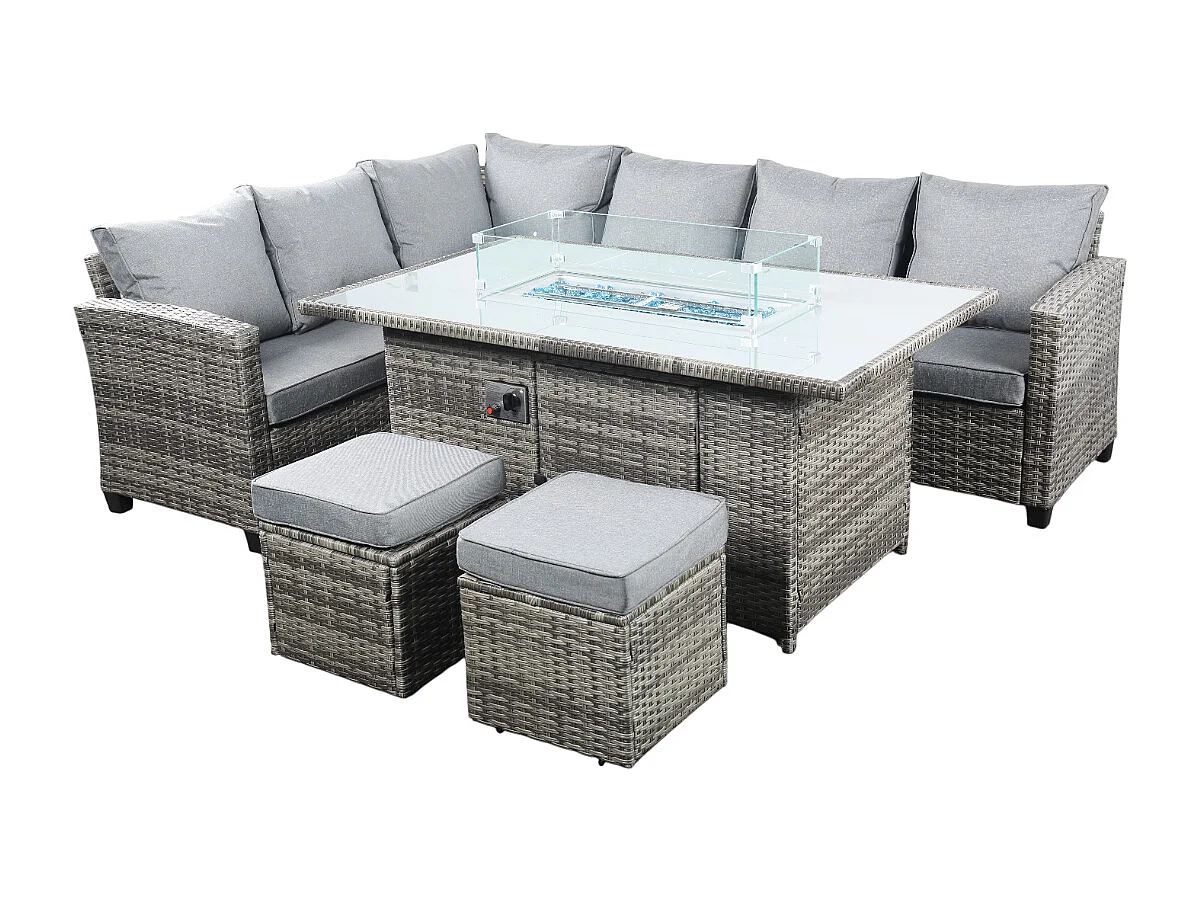 The Conwy 8 Seat Corner Gas Firepit Rattan Dining Set Dark Grey