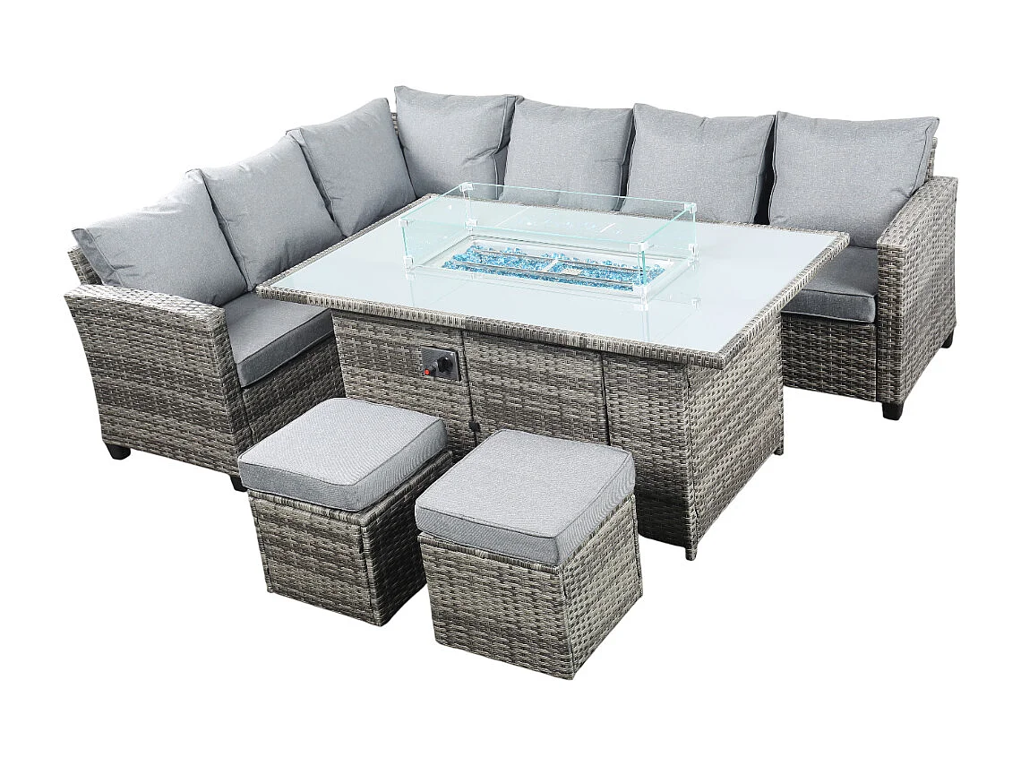 The Conwy 8 Seat Corner Gas Firepit Rattan Dining Set Dark Grey